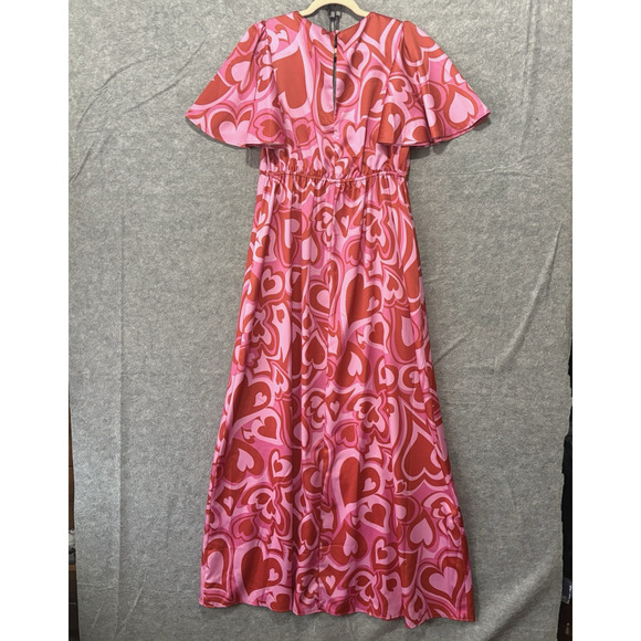 Twisted Wunder London Maxi Dress Women Sz 8 Red Pink Hearts Surplice Party - Picture 2 of 7